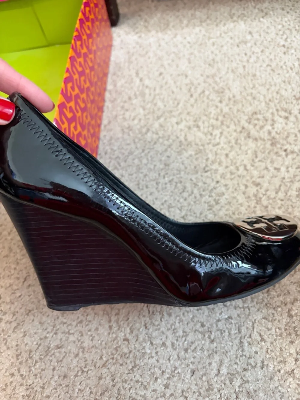 Tory Burch “Sophie” Black Patent Leather wedge heel with silver hardware, 8